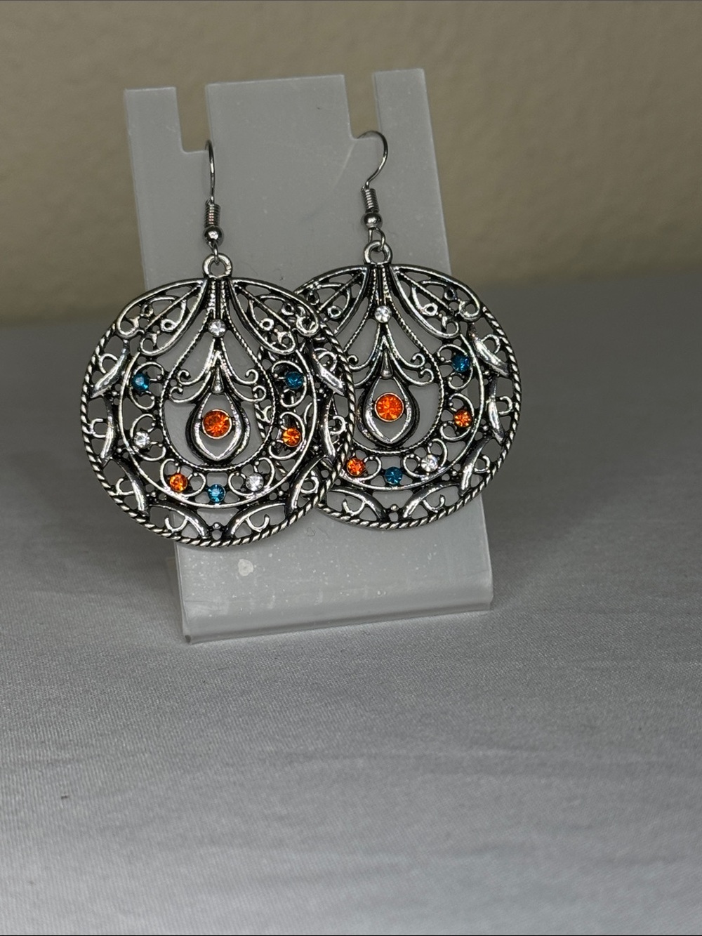 Silver Filigree Drop Earrings with Orange and Blue Stones